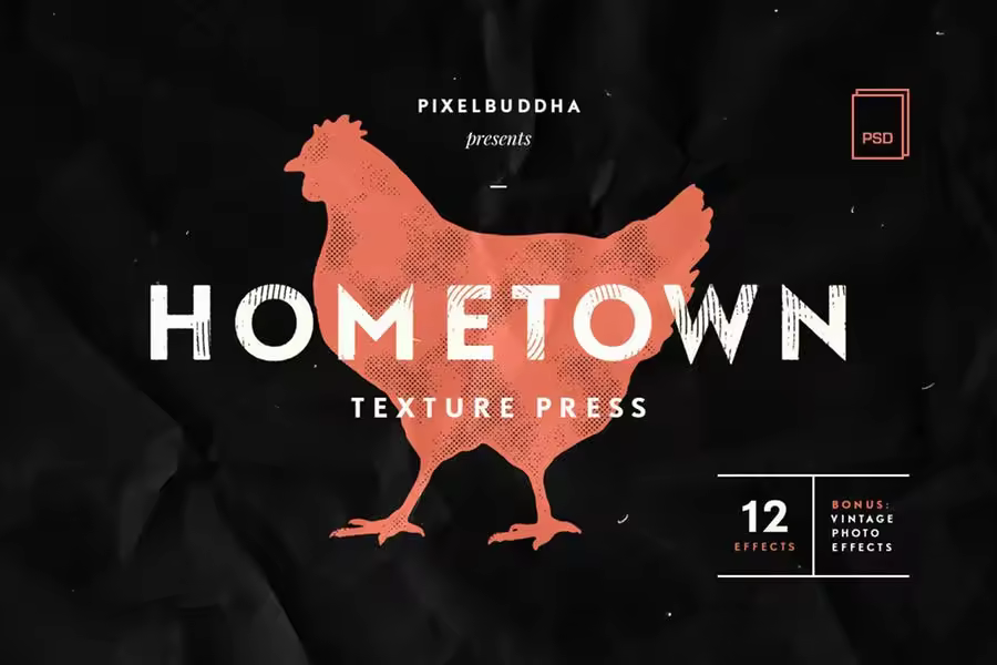 24种复古做旧风格标题字体&照片效果PSD图层样式 Hometown Texture Press Effects
