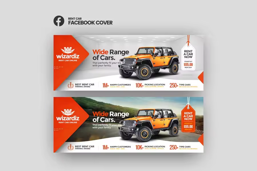 汽车租赁/租车网社交媒体主页封面设计模板 Wizardiz – Rent Car Facebook Cover Template