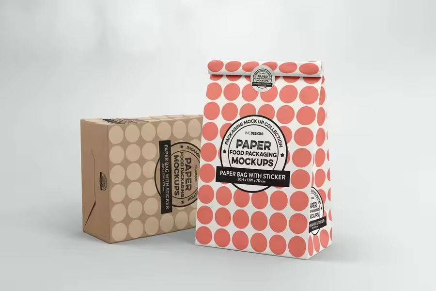 贴纸密封包装纸袋设计效果图样机 Paper Bag with sticker Seal Packaging Mockup