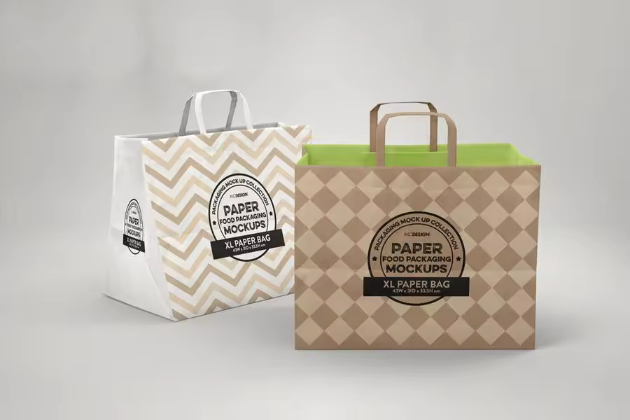 加大型购物纸袋设计图样机模板 XL Paper Bags with Flat Handles Mockup