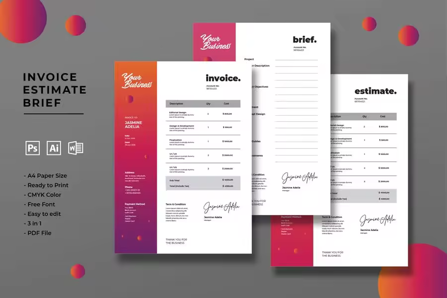 渐变色设计风格企业发票单据/预算报价表格设计模板 Invoice Estimate Brief