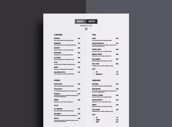 简约设计风格单页餐厅菜单排版设计模板 One Page Restaurant Menu Template