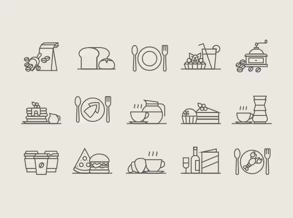 餐厅&咖啡矢量线性图标 Restaurant & Coffee Icons