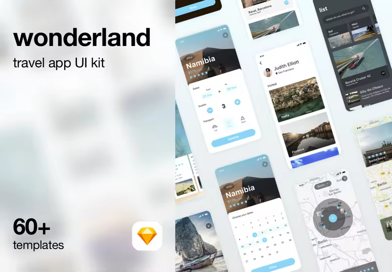 小咖下午茶：简约旅行风格的APP UI KIT套装下载[Sketch]