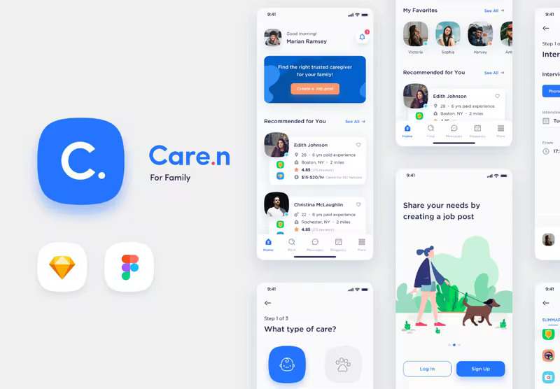 小咖下午茶：专业的家庭事务护理APP UI KITS套装下载[Sketch,Fig]