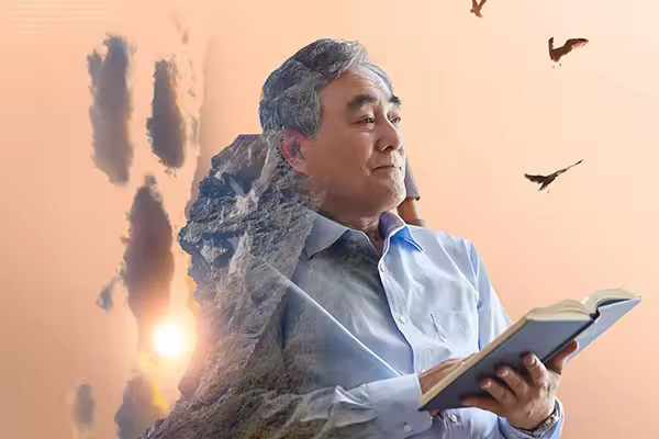 雪山峰&阅书老人双重曝光图形psd素材
