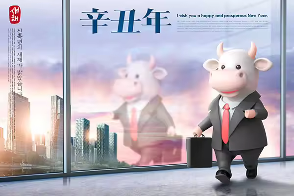 西装卡通小牛元素辛丑年牛年海报图