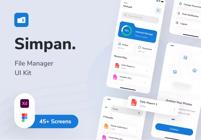 小咖下午茶：简洁时尚样式文件管理器App应用程序UI套件