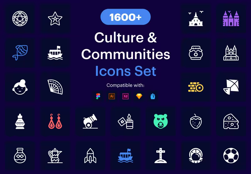 小咖下午茶：1600+ 文化和社区矢量图标