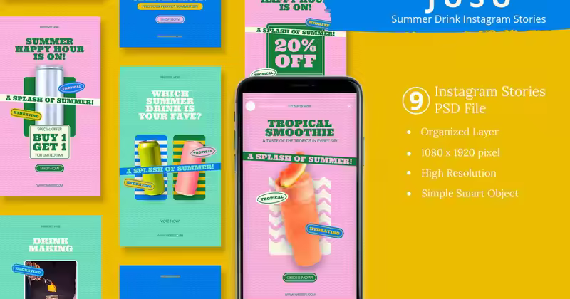 Jusu – 夏日饮品 Instagram 故事和 Canva 模板