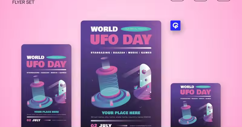 粉紫色现代世界UFO日传单套装004